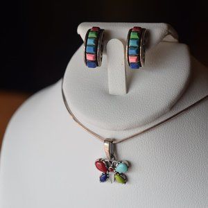 Retired Silpada Sterling Multi Stoned Necklace (Butterfly) Earrings (Half Hoops)